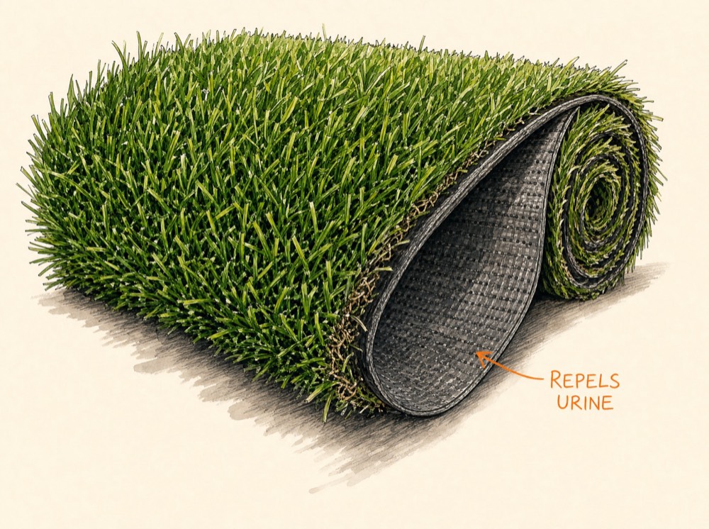 Premium artificial grass roll partly unrolled, showing the dense pile and the urine-repelling backing