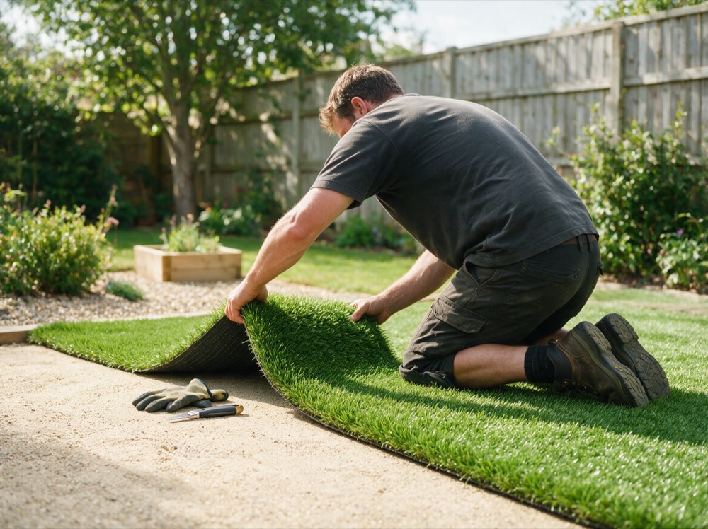 Landscaper kneeling and fitting a strip of artificial grass in a garden